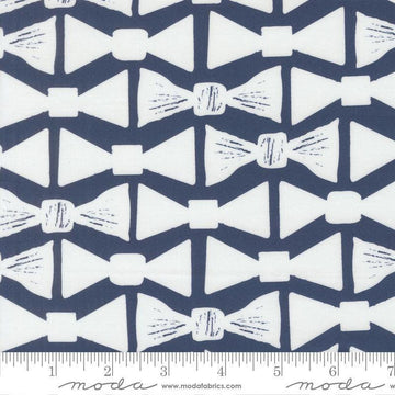 Image of the For My Boys Henry Bowtie Navy quilting cotton fabric by Amy Schelle for Moda Fabrics. Features bowties on a blue background. Cute Little Fabric Shop.
