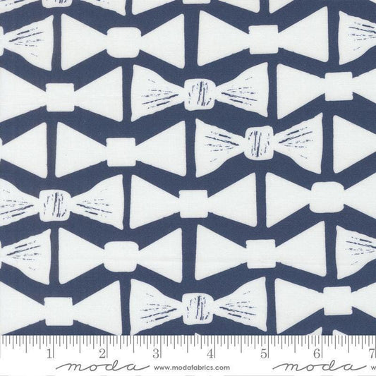 Image of the For My Boys Henry Bowtie Navy quilting cotton fabric by Amy Schelle for Moda Fabrics. Features bowties on a blue background. Cute Little Fabric Shop.