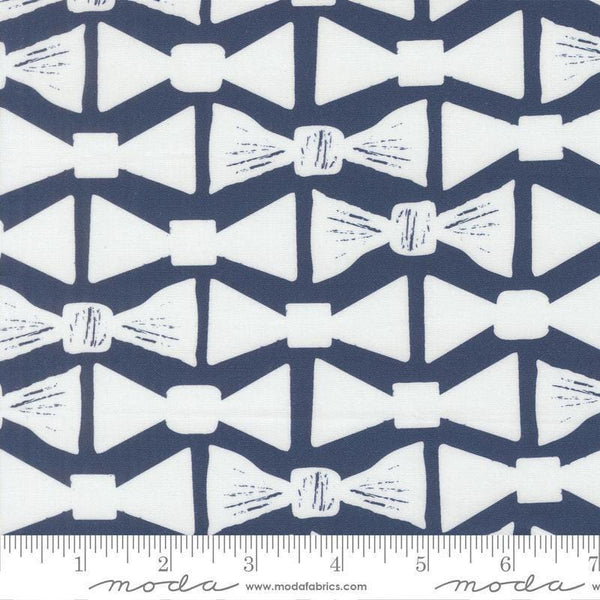 Image of the For My Boys Henry Bowtie Navy quilting cotton fabric by Amy Schelle for Moda Fabrics. Features bowties on a blue background. Cute Little Fabric Shop.