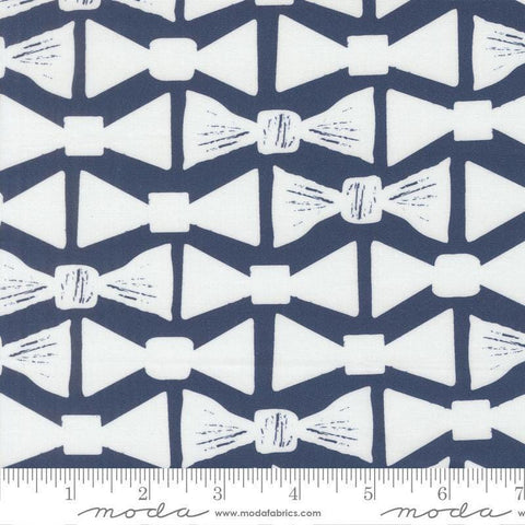 Image of the For My Boys Henry Bowtie Navy quilting cotton fabric by Amy Schelle for Moda Fabrics. Features bowties on a blue background. Cute Little Fabric Shop.