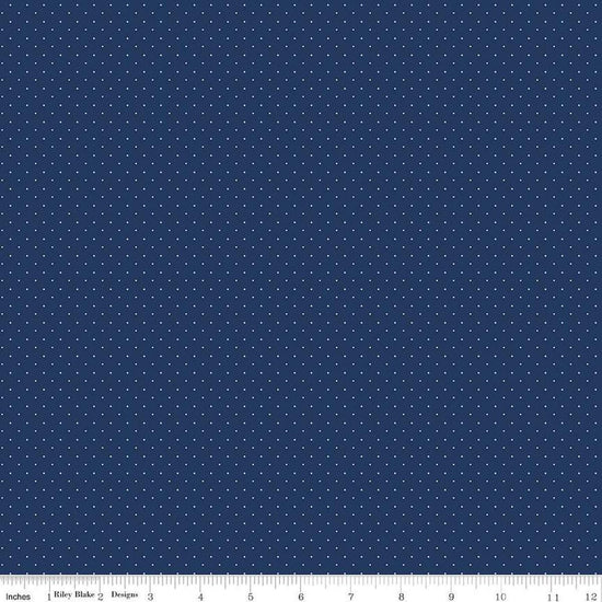 Image of the American Jane Pindots Navy quilting cotton fabric by American Jane for Riley Blake Designs. Features tiny dots on a blue background. Cute Little Fabric Shop