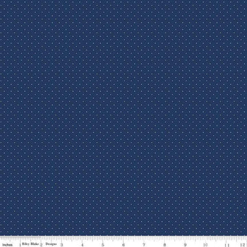 Image of the American Jane Pindots Navy quilting cotton fabric by American Jane for Riley Blake Designs. Features tiny dots on a blue background. Cute Little Fabric Shop