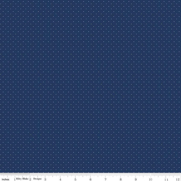 Image of the American Jane Pindots Navy quilting cotton fabric by American Jane for Riley Blake Designs. Features tiny dots on a blue background. Cute Little Fabric Shop