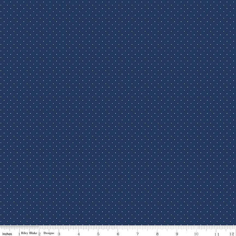 Image of the American Jane Pindots Navy quilting cotton fabric by American Jane for Riley Blake Designs. Features tiny dots on a blue background. Cute Little Fabric Shop