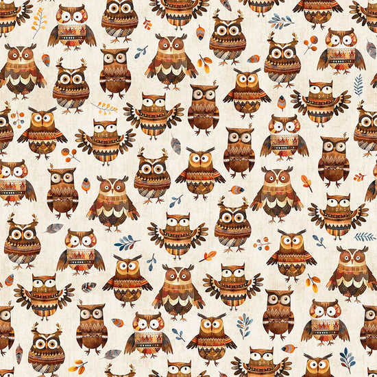 Image of Bearsville Owls Oatmeal quilting cotton fabric by Morris Creative Group for QT Fabrics. Features owls on an off-white background. Cute Little Fabric Shop