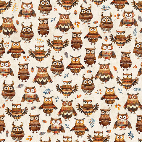 Image of Bearsville Owls Oatmeal quilting cotton fabric by Morris Creative Group for QT Fabrics. Features owls on an off-white background. Cute Little Fabric Shop