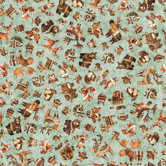 Image of Bearsville Woodland Toss Sage quilting cotton fabric by Morris Creative Group for QT Fabrics. Features animals on a green background. Cute Little Fabric Shop