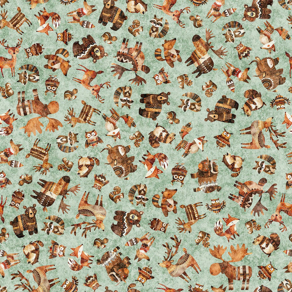 Image of Bearsville Woodland Toss Sage quilting cotton fabric by Morris Creative Group for QT Fabrics. Features animals on a green background. Cute Little Fabric Shop
