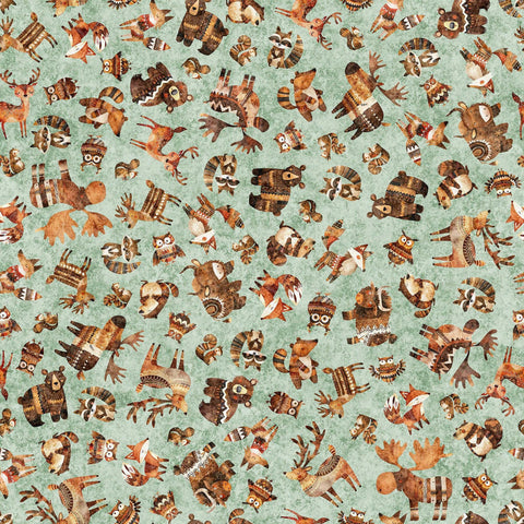 Image of Bearsville Woodland Toss Sage quilting cotton fabric by Morris Creative Group for QT Fabrics. Features animals on a green background. Cute Little Fabric Shop