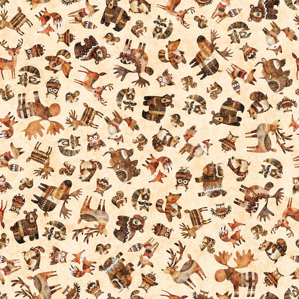 Image of Bearsville Woodland Toss Cream quilting cotton fabric by Morris Creative Group for QT Fabrics. Features animals on a cream background. Cute Little Fabric Shop