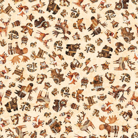 Image of Bearsville Woodland Toss Cream quilting cotton fabric by Morris Creative Group for QT Fabrics. Features animals on a cream background. Cute Little Fabric Shop