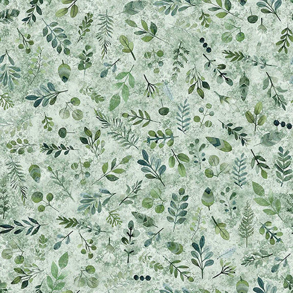 Image of Bearsville Ditzy Sage quilting cotton fabric by Morris Creative Group for QT Fabrics. Features plants on a green background. Cute Little Fabric Shop