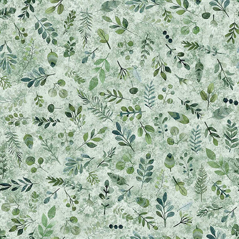 Image of Bearsville Ditzy Sage quilting cotton fabric by Morris Creative Group for QT Fabrics. Features plants on a green background. Cute Little Fabric Shop