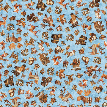 Image of Bearsville Woodland Toss Sky Blue quilting cotton fabric by Morris Creative Group for QT Fabrics. Features animals on a blue background. Cute Little Fabric Shop