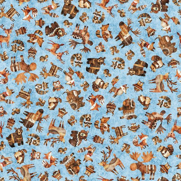 Image of Bearsville Woodland Toss Sky Blue quilting cotton fabric by Morris Creative Group for QT Fabrics. Features animals on a blue background. Cute Little Fabric Shop