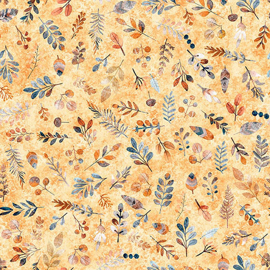 Image of Bearsville Ditzy Cantaloupe quilting cotton fabric by Morris Creative Group for QT Fabrics. Features plants on a yellow background. Cute Little Fabric Shop