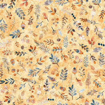 Image of Bearsville Ditzy Cantaloupe quilting cotton fabric by Morris Creative Group for QT Fabrics. Features plants on a yellow background. Cute Little Fabric Shop