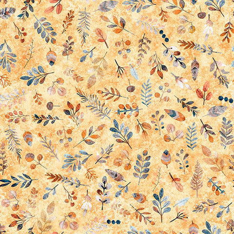 Image of Bearsville Ditzy Cantaloupe quilting cotton fabric by Morris Creative Group for QT Fabrics. Features plants on a yellow background. Cute Little Fabric Shop