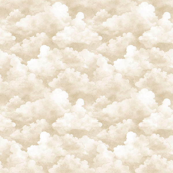Image of Bearsville Clouds Tan quilting cotton fabric by Morris Creative Group for QT Fabrics. Features clouds on a beige background. Cute Little Fabric Shop
