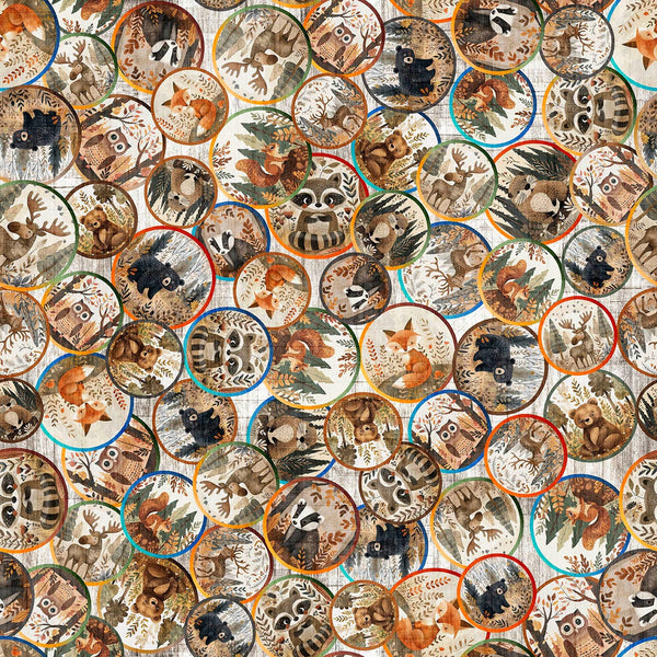 Image of Bearsville Animal Tondos Birch quilting cotton fabric by Morris Creative Group for QT Fabrics. Features animals on an off-white background. Cute Little Fabric Shop