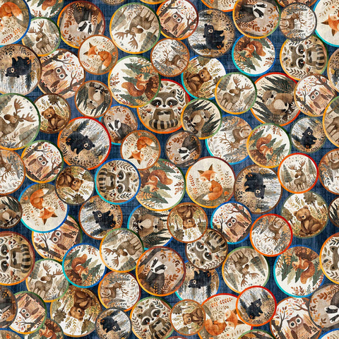 Image of Bearsville Animal Tondos Navy quilting cotton fabric by Morris Creative Group for QT Fabrics. Features animals on a blue background. Cute Little Fabric Shop