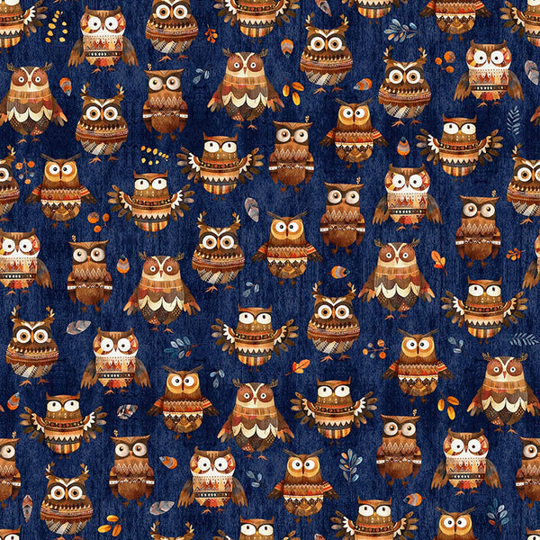 Image of Bearsville Owls Navy quilting cotton fabric by Morris Creative Group for QT Fabrics. Features owls on a blue background. Cute Little Fabric Shop