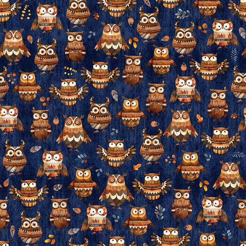 Image of Bearsville Owls Navy quilting cotton fabric by Morris Creative Group for QT Fabrics. Features owls on a blue background. Cute Little Fabric Shop