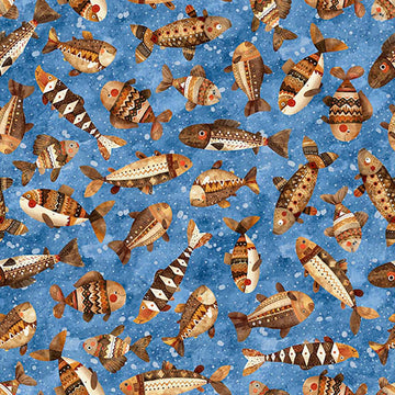 Image of Bearsville Fish Blue quilting cotton fabric by Morris Creative Group for QT Fabrics. Features fish on a blue background. Cute Little Fabric Shop