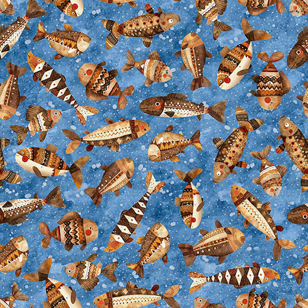 Image of Bearsville Fish Blue quilting cotton fabric by Morris Creative Group for QT Fabrics. Features fish on a blue background. Cute Little Fabric Shop