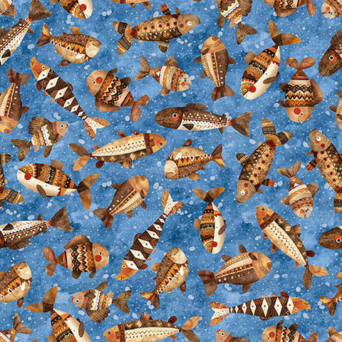Image of Bearsville Fish Blue quilting cotton fabric by Morris Creative Group for QT Fabrics. Features fish on a blue background. Cute Little Fabric Shop