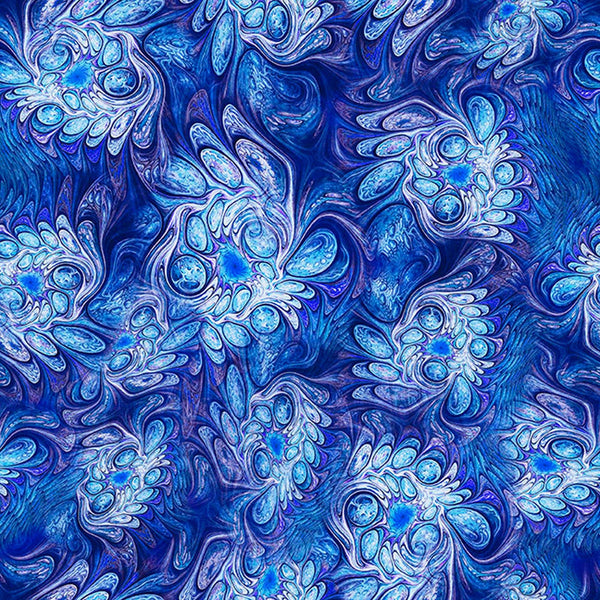 Image of Feline Fantasia Marble Abstract Royal quilting cotton fabric by Morris Creative Group for QT Fabrics. Features marbling on a blue background. Cute Little Fabric Shop