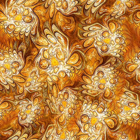 Image of Feline Fantasia Marble Abstract Amber quilting cotton fabric by Morris Creative Group for QT Fabrics. Features marbling on an orange background. Cute Little Fabric Shop