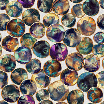 Image of Feline Fantasia Cat Circles quilting cotton fabric by Morris Creative Group for QT Fabrics. Features cats on an off-white background. Cute Little Fabric Shop