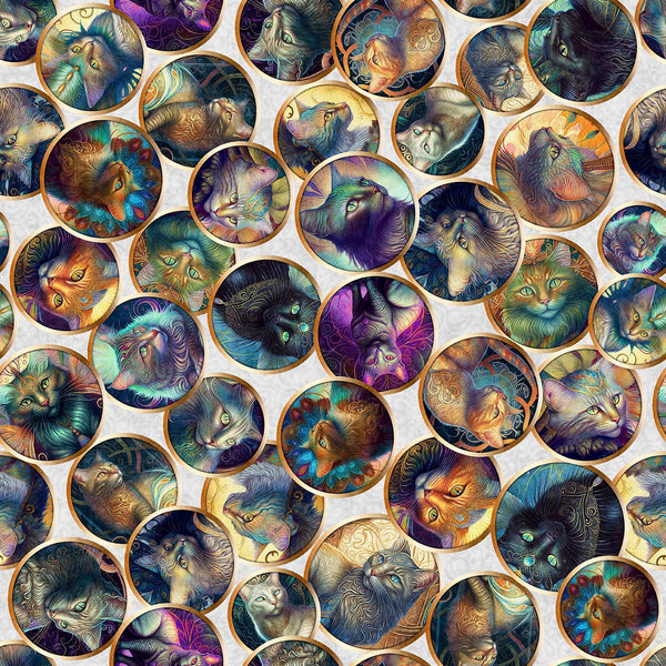 Image of Feline Fantasia Cat Circles quilting cotton fabric by Morris Creative Group for QT Fabrics. Features cats on an off-white background. Cute Little Fabric Shop