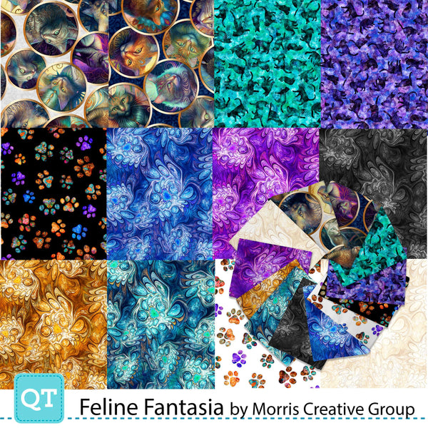 Feline Fantasia Fat Quarter Bundle 12 pieces - QT Fabrics - Pre cut Precut - Cats Kittens Swirl Marble - Quilting Cotton Fabric