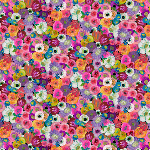 Image of Blooming Bouquet Watercolor Floral Multi quilting cotton fabric by Suzanne Allard for QT Fabrics. Features flowers on a purple background. Cute Little Fabric Shop