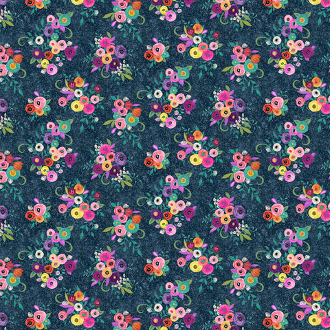 Image of Blooming Bouquet Watercolor Floral Toss Navy quilting cotton fabric by Suzanne Allard for QT Fabrics. Features flowers on a blue background. Cute Little Fabric Shop
