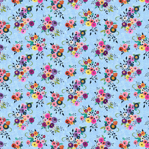 Image of Blooming Bouquet Watercolor Floral Toss Blue quilting cotton fabric by Suzanne Allard for QT Fabrics. Features flowers on a blue background. Cute Little Fabric Shop