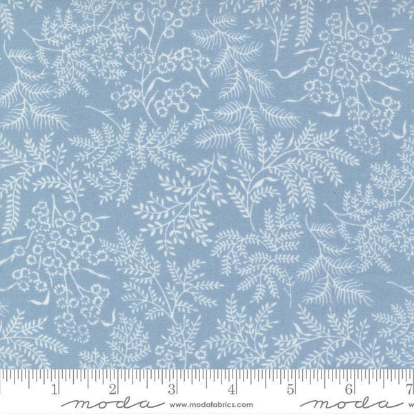 Image of the Nantucket Summer Dots Light Blue quilting cotton fabric by Camille Roskelley for Moda Fabrics. Features flowers on a blue background. Cute Little Fabric Shop