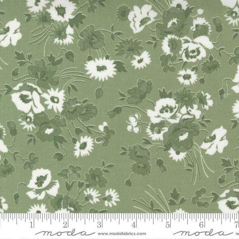 Image of the Nantucket Summer Florals Grass quilting cotton fabric by Camille Roskelley for Moda Fabrics. Features florals on a green background. Cute Little Fabric Shop
