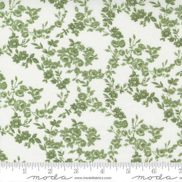 Image of the Nantucket Summer Surfside Cream Grass quilting cotton fabric by Camille Roskelley for Moda Fabrics. Features flowers on a grass background. Cute Little Fabric Shop