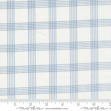 Image of the Nantucket Summer Checks Cream Blue quilting cotton fabric by Camille Roskelley for Moda Fabrics. Features plaid on a blue background. Cute Little Fabric Shop