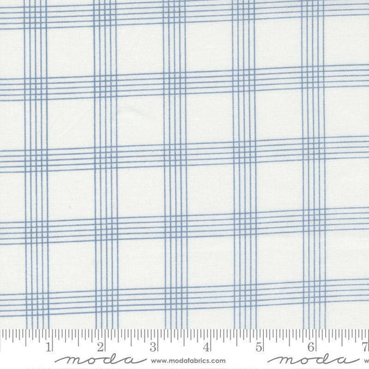 Image of the Nantucket Summer Checks Cream Blue quilting cotton fabric by Camille Roskelley for Moda Fabrics. Features plaid on a blue background. Cute Little Fabric Shop