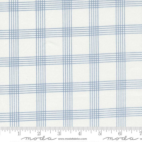 Image of the Nantucket Summer Checks Cream Blue quilting cotton fabric by Camille Roskelley for Moda Fabrics. Features plaid on a blue background. Cute Little Fabric Shop