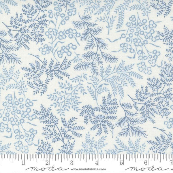 Image of the Nantucket Summer Dots Cream Blue quilting cotton fabric by Camille Roskelley for Moda Fabrics. Features flowers on a blue background. Cute Little Fabric Shop