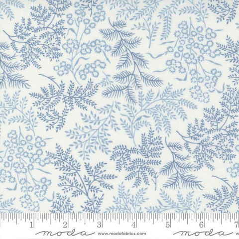 Image of the Nantucket Summer Dots Cream Blue quilting cotton fabric by Camille Roskelley for Moda Fabrics. Features flowers on a blue background. Cute Little Fabric Shop