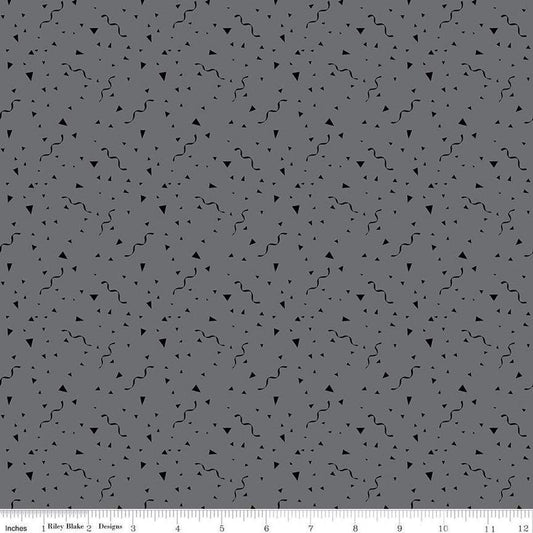 Image of Blackout Festival Gray by The RBD Designers for Riley Blake Designs. Features party streamers on a gray background. Cute Little Fabric Shop
