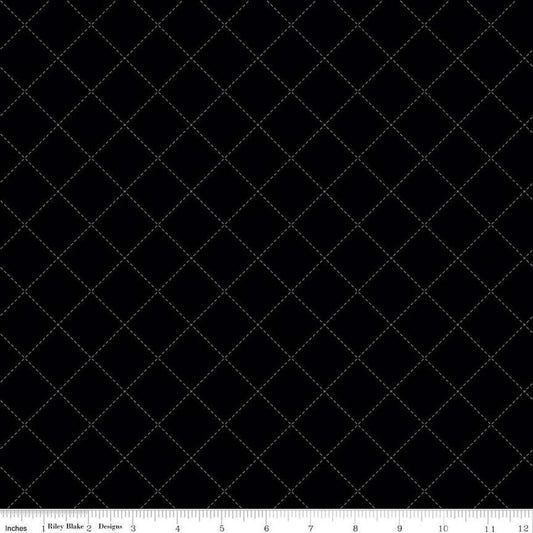Image of Blackout Stitch Black by The RBD Designers for Riley Blake Designs. Features squares on a black background. Cute Little Fabric Shop