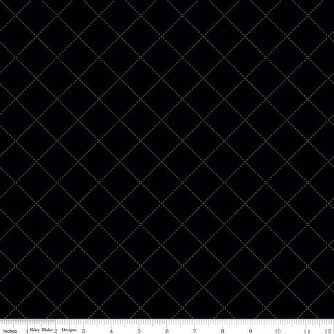 Image of Blackout Stitch Black by The RBD Designers for Riley Blake Designs. Features squares on a black background. Cute Little Fabric Shop