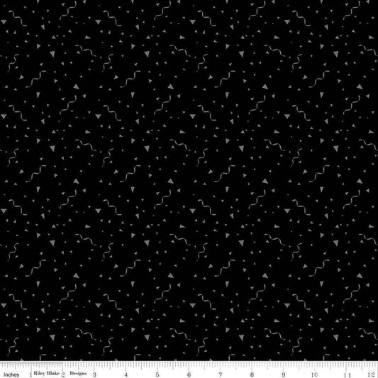 Image of Blackout Festival Black by The RBD Designers for Riley Blake Designs. Features party streamers on a black background. Cute Little Fabric Shop